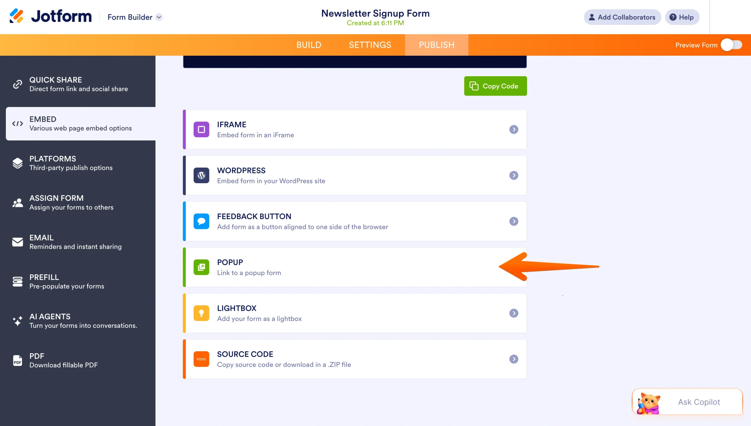 Jotform embed options with the Popup option highlighted