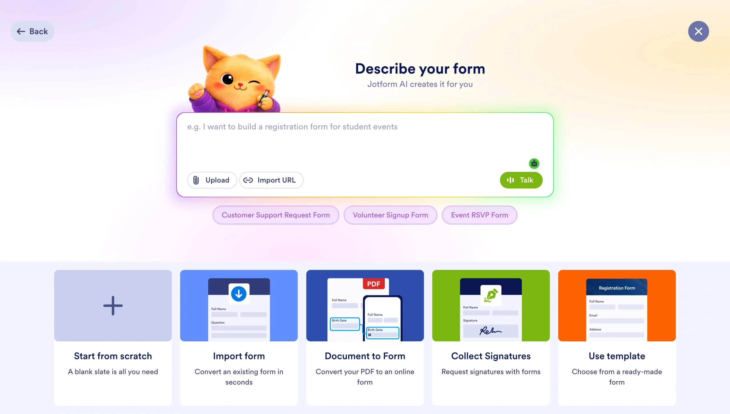 Jotform AI form generator page with a prompt box and options to start from scratch, import, scan documents, collect signatures, or use templates