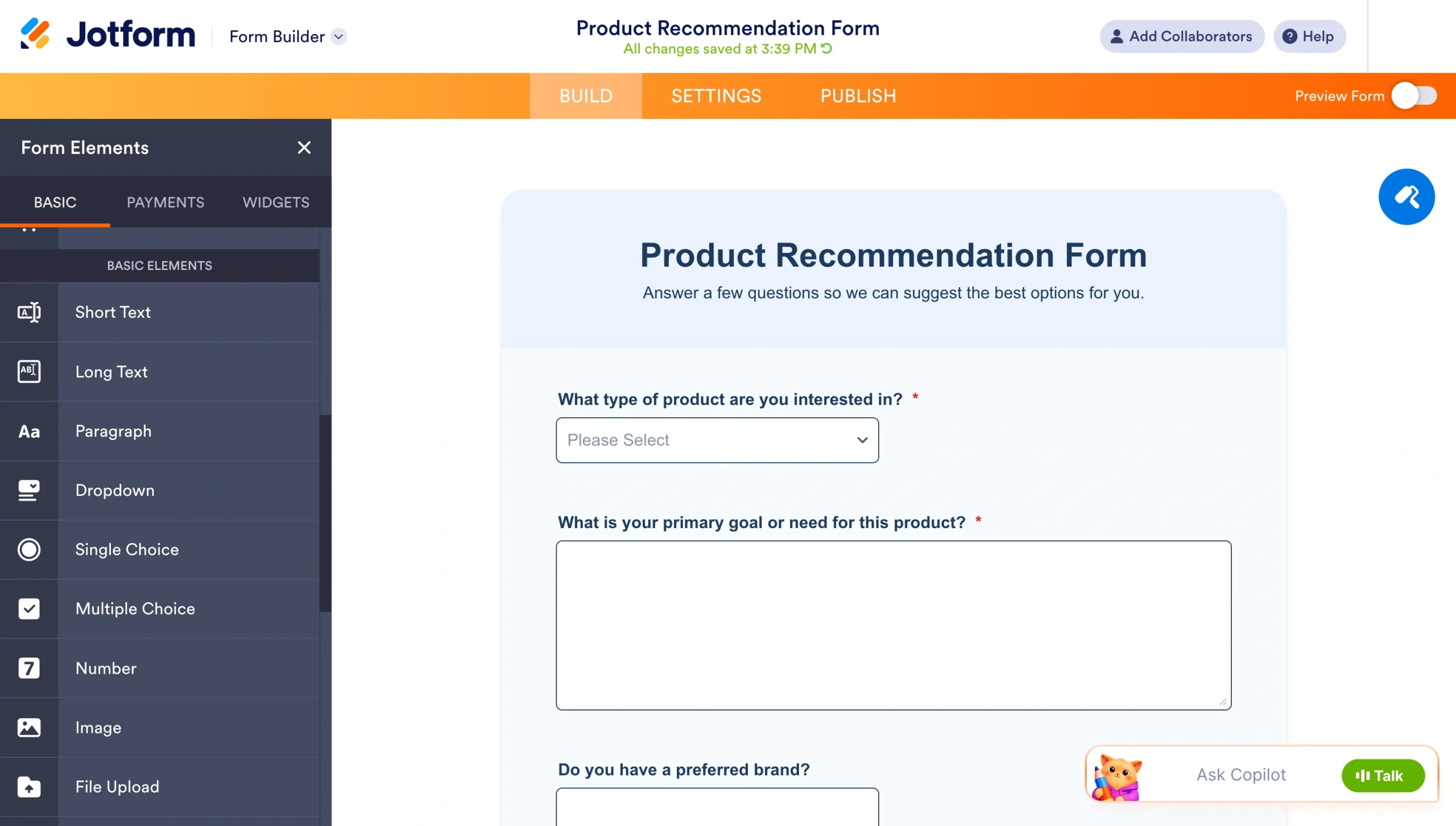 Jotform Form Builder showing a Product Recommendation Form with dropdown and long-text questions