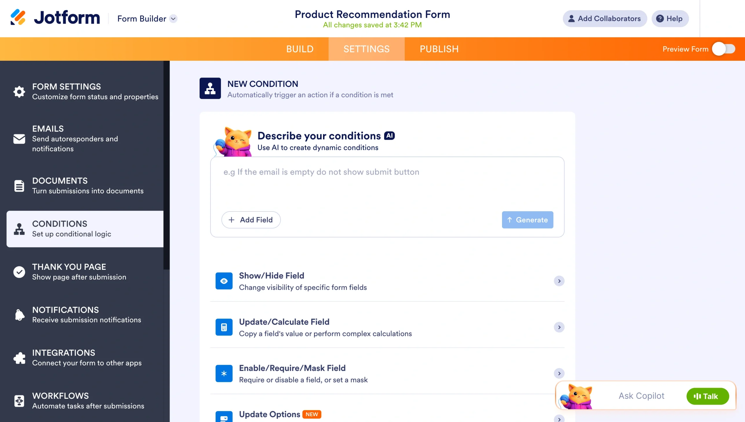 Jotform Form Builder displaying conditional logic settings for a product recommendation quiz