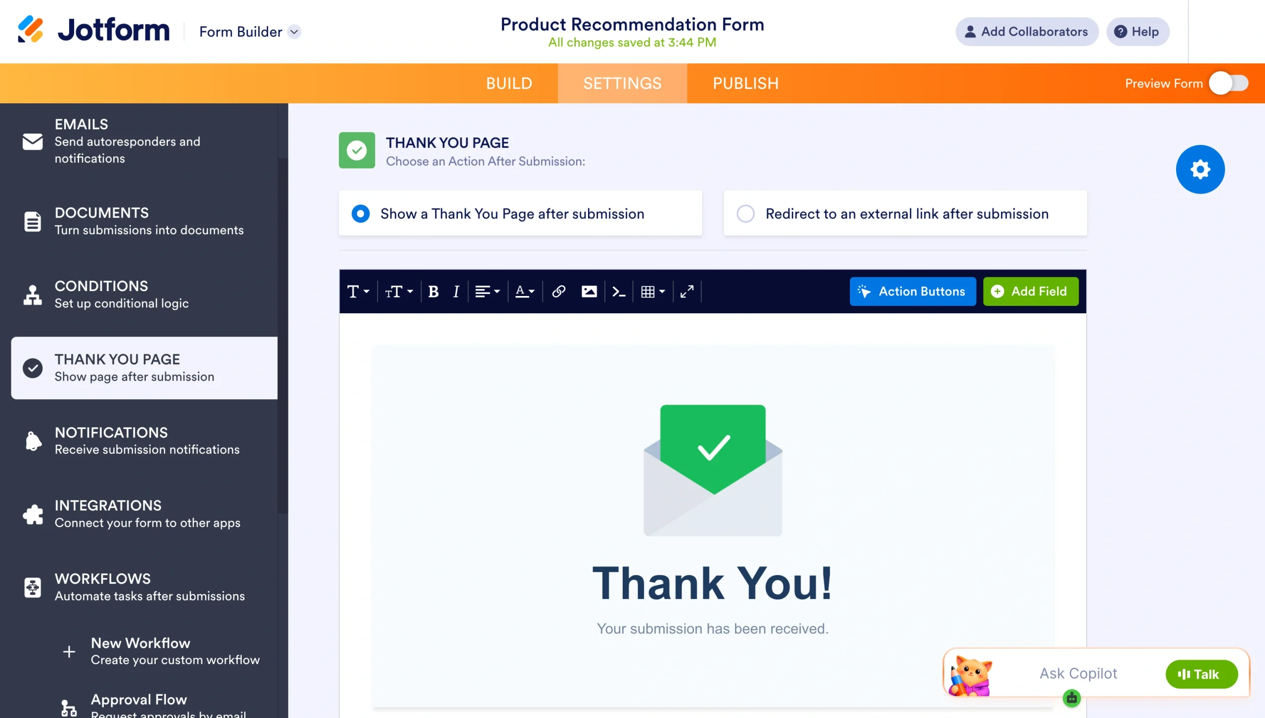 Jotform Form Builder showing a customizable thank-you page for a product recommendation quiz