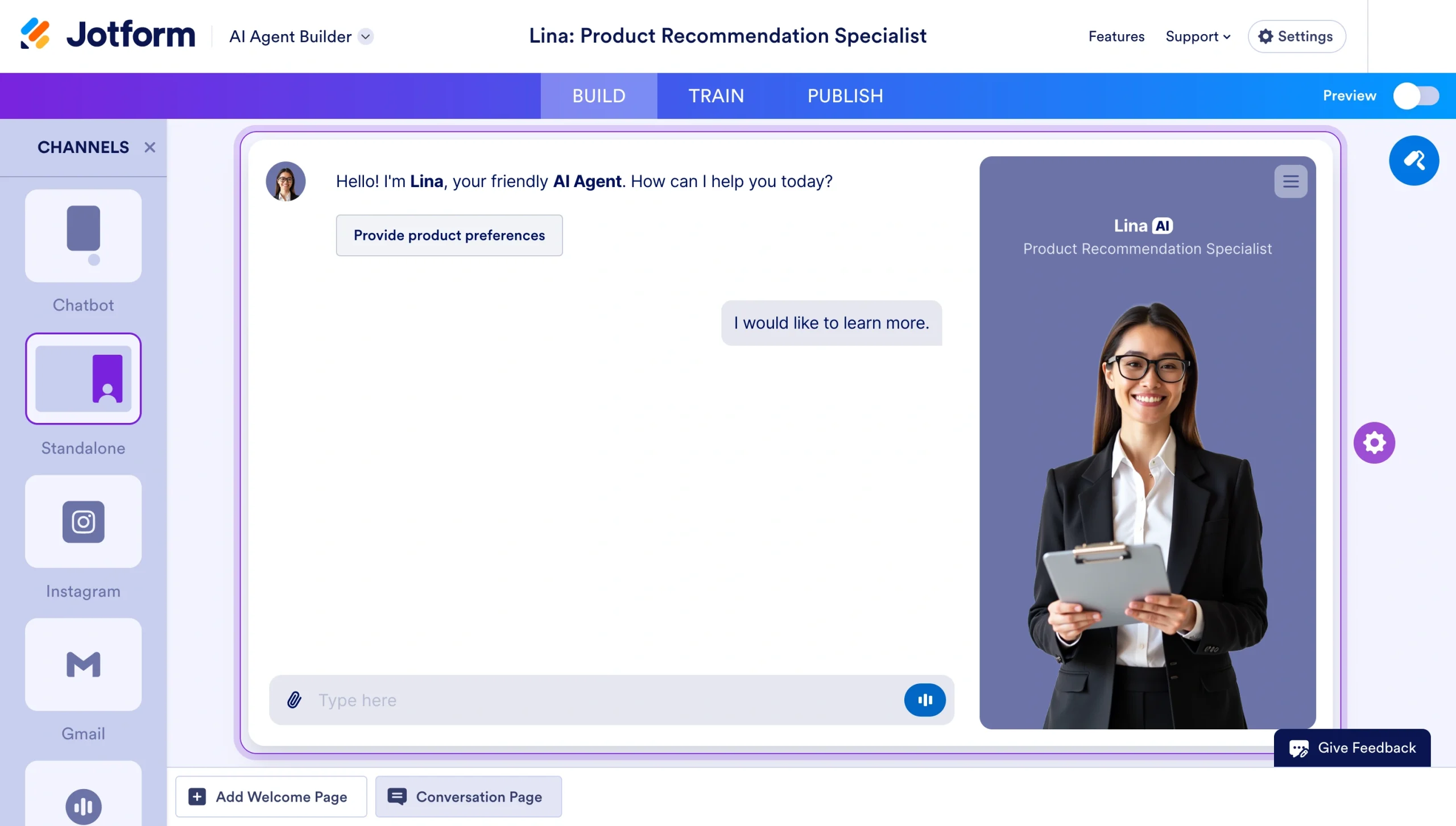 Jotform AI Agent Builder displaying a product recommendation chatbot with a virtual assistant
