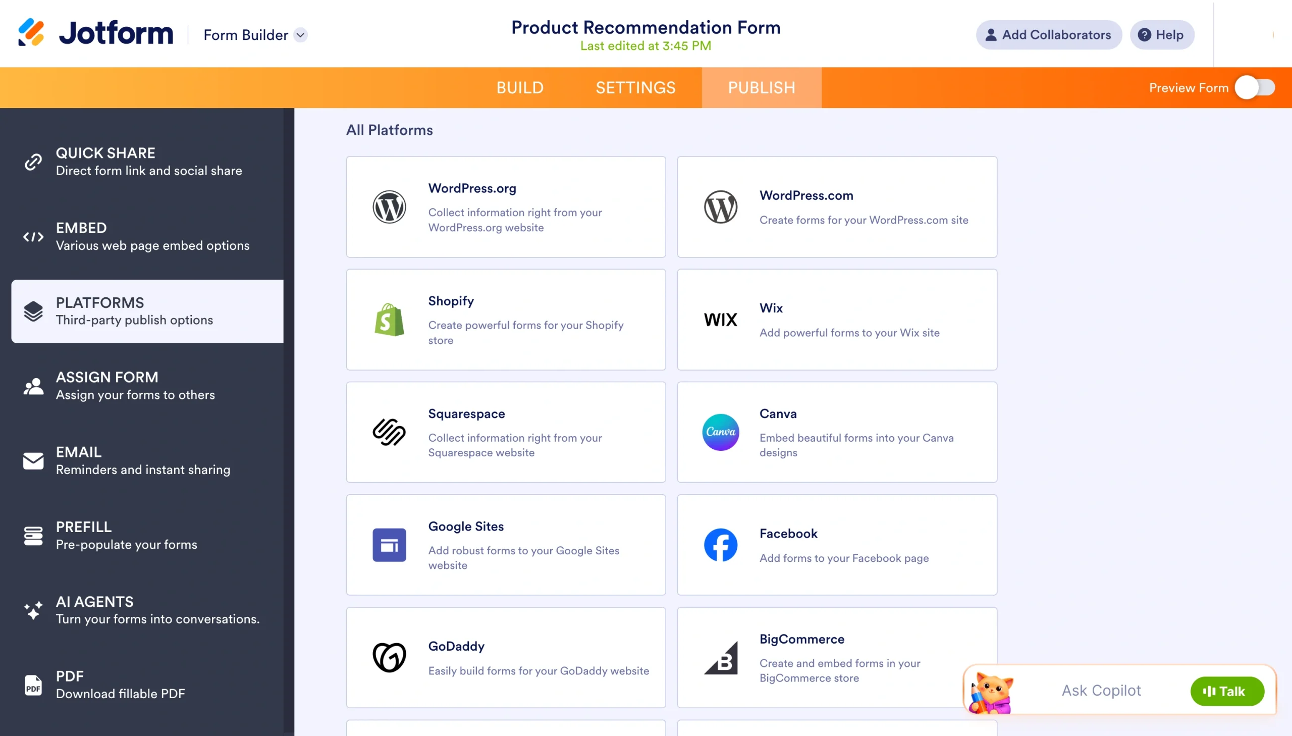Jotform Form Builder showing platform integrations for embedding a product recommendation quiz in an online store