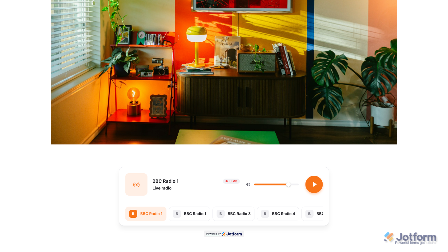 Sample website showing the Radio Player widget with station information, cover artwork, and playback controls