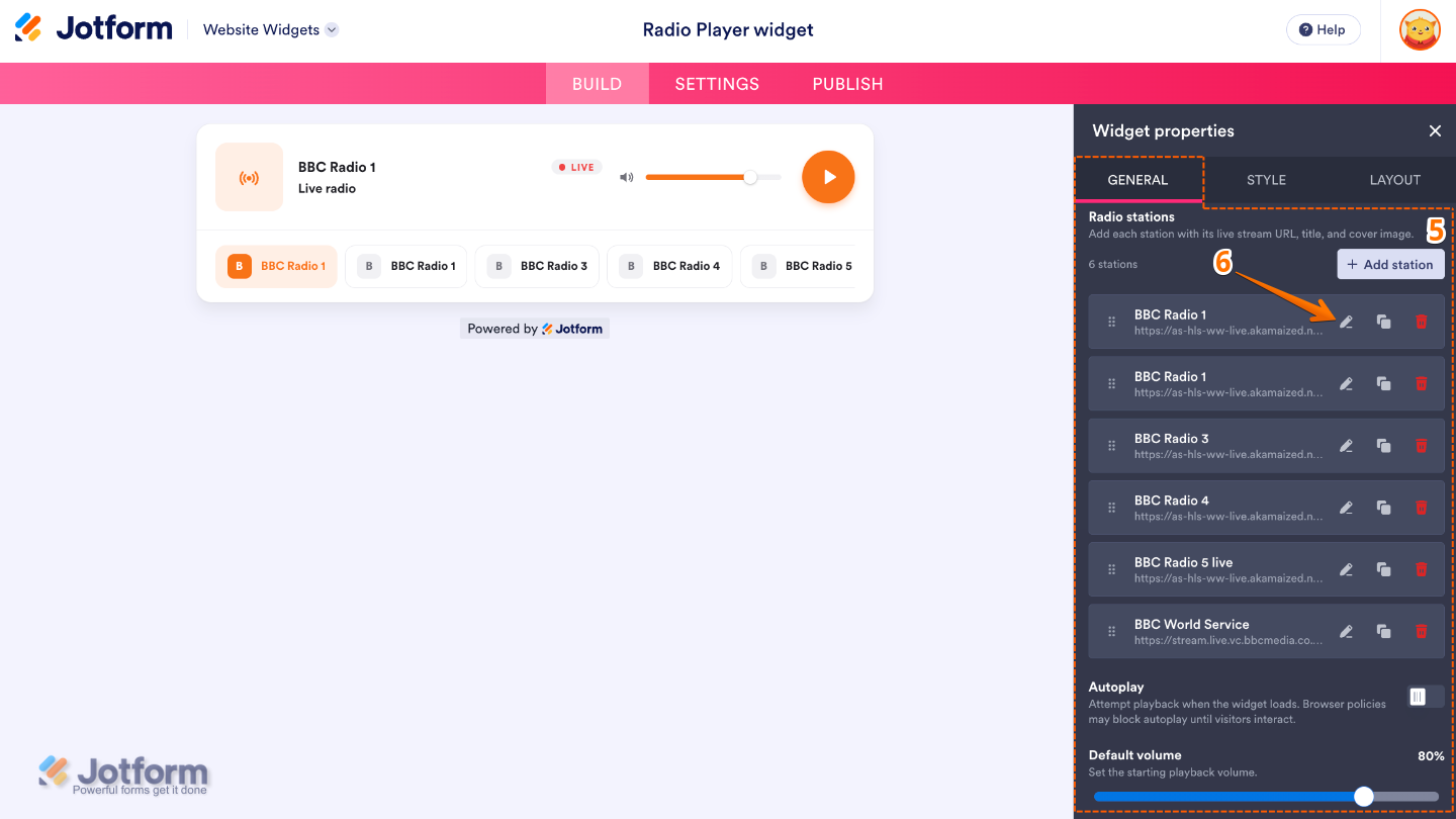 Configuring the Radio Player widget by managing radio stations, enabling autoplay, setting the default volume, and selecting the Edit Station option