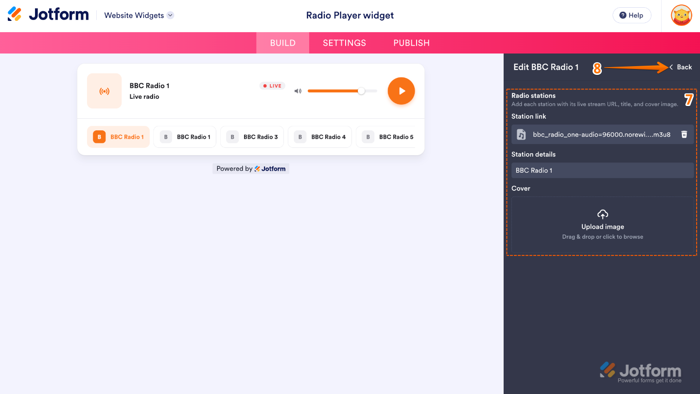 Configuring a radio station by entering the stream URL, adding station details, uploading a cover image, and clicking Back