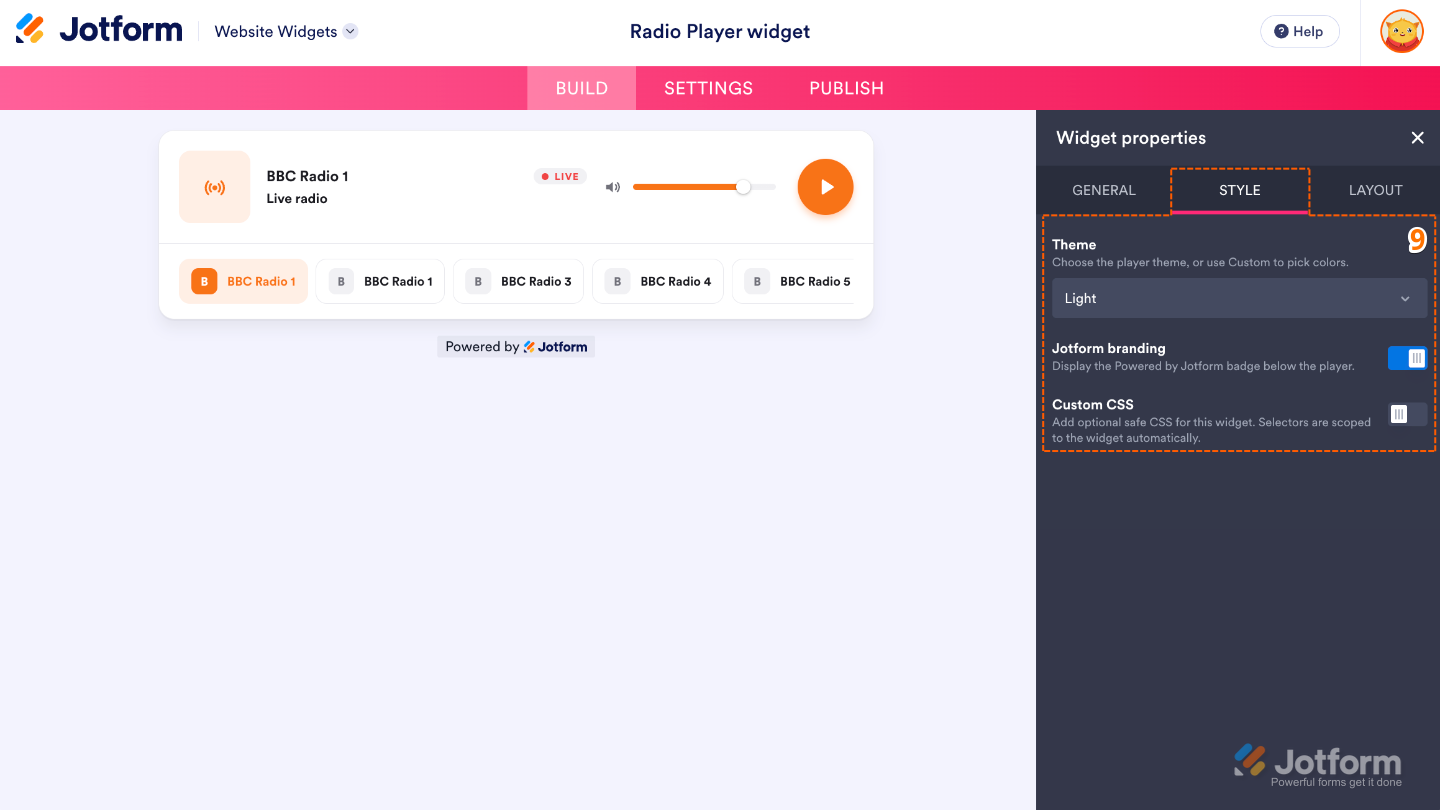 Customizing the Radio Player widget by selecting a theme, managing Jotform branding, and applying custom CSS