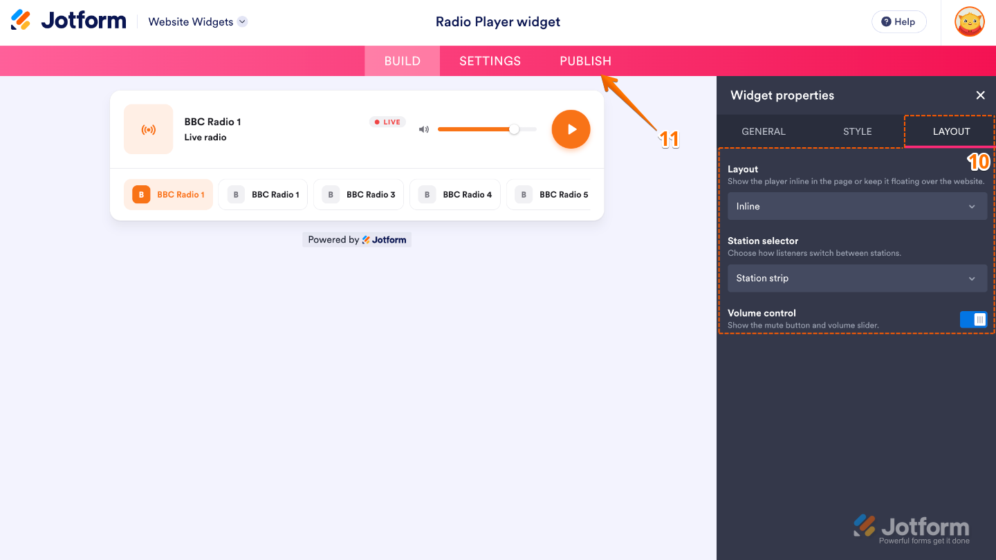 Configuring the Radio Player widget by adjusting the layout, station selector, and volume control before clicking Publish