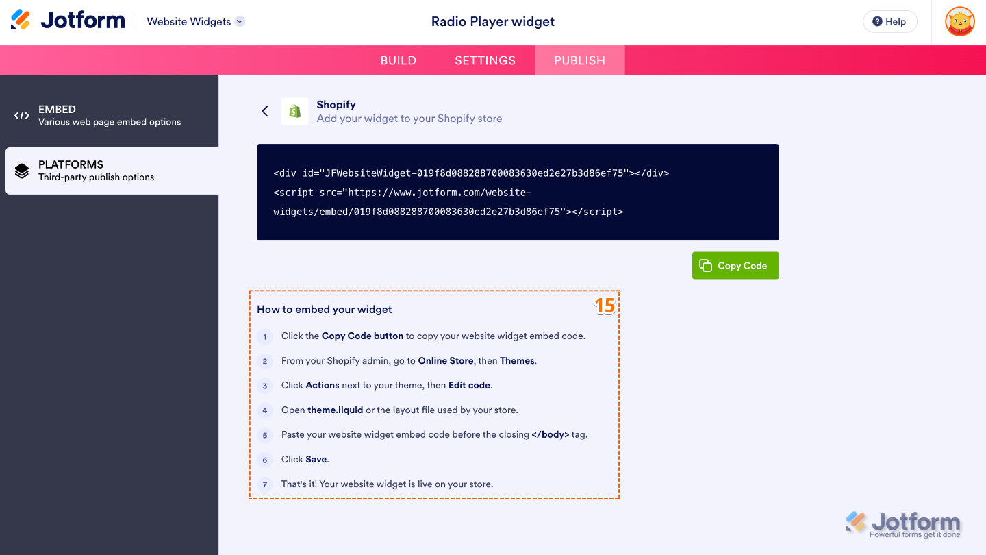 Following the How to Embed Your Widget instructions to embed the Radio Player widget on a supported website platform