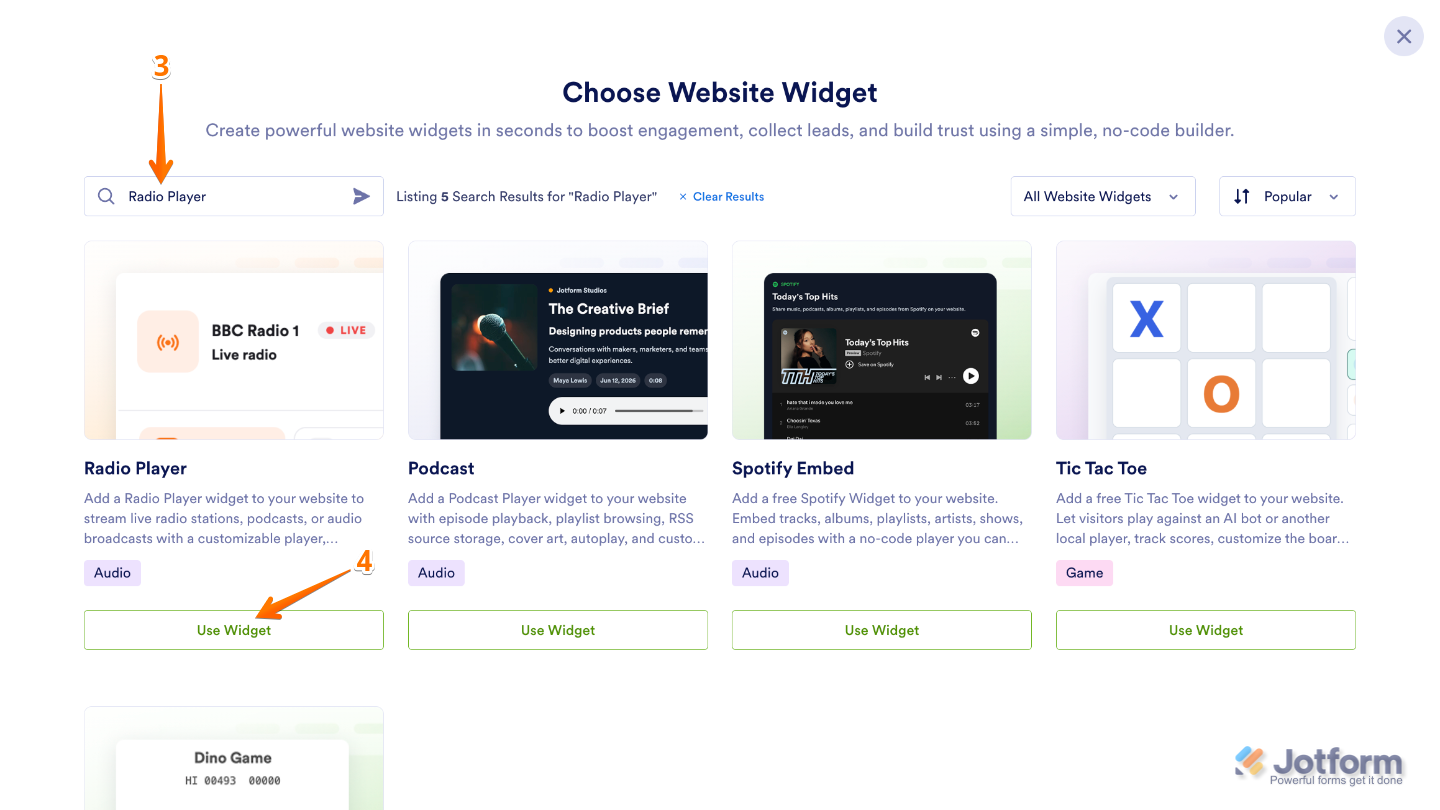 Searching for the Radio Player widget in the Choose Website Widget menu and selecting Use Widget