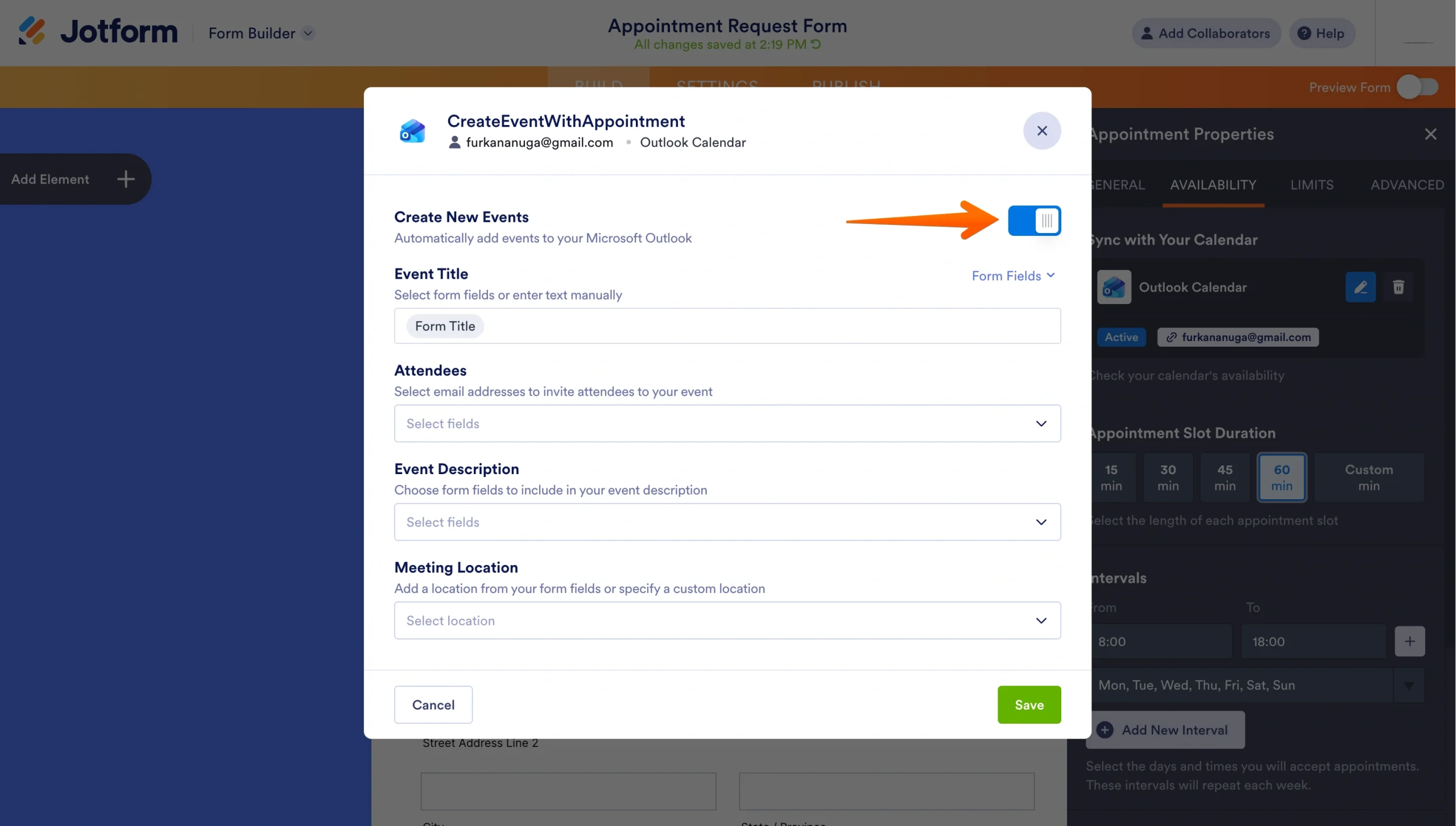 Jotform’s Outlook Calendar settings showing the Create New Events toggle enabled and event detail fields
