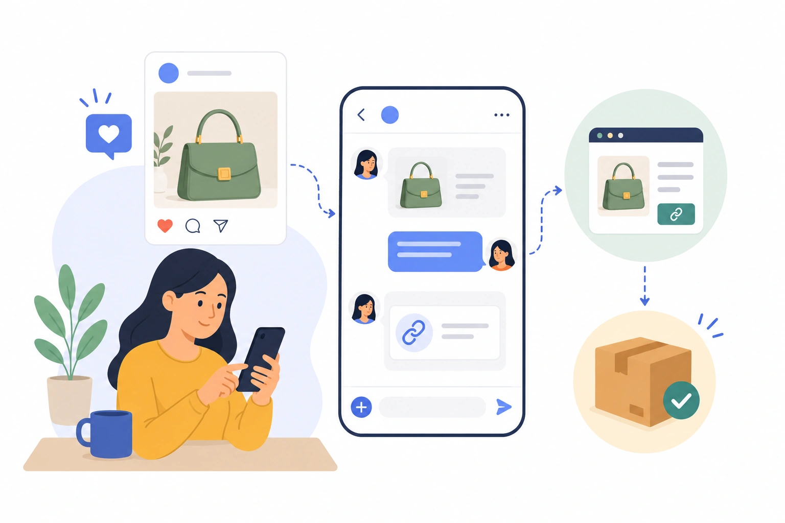 Illustration of a woman selling directly through social media, with product posts, chat messages, shared links, and a package ready for delivery