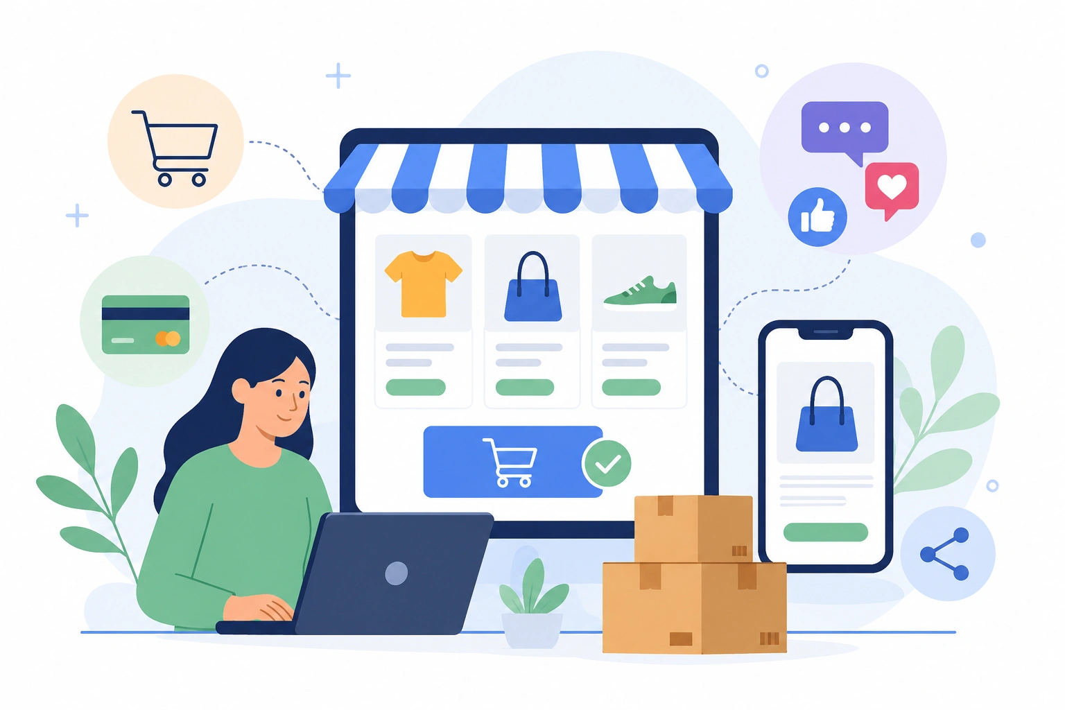 Illustration of a woman managing an online store with product listings, shopping icons, social media reactions, mobile shopping, and delivery boxes