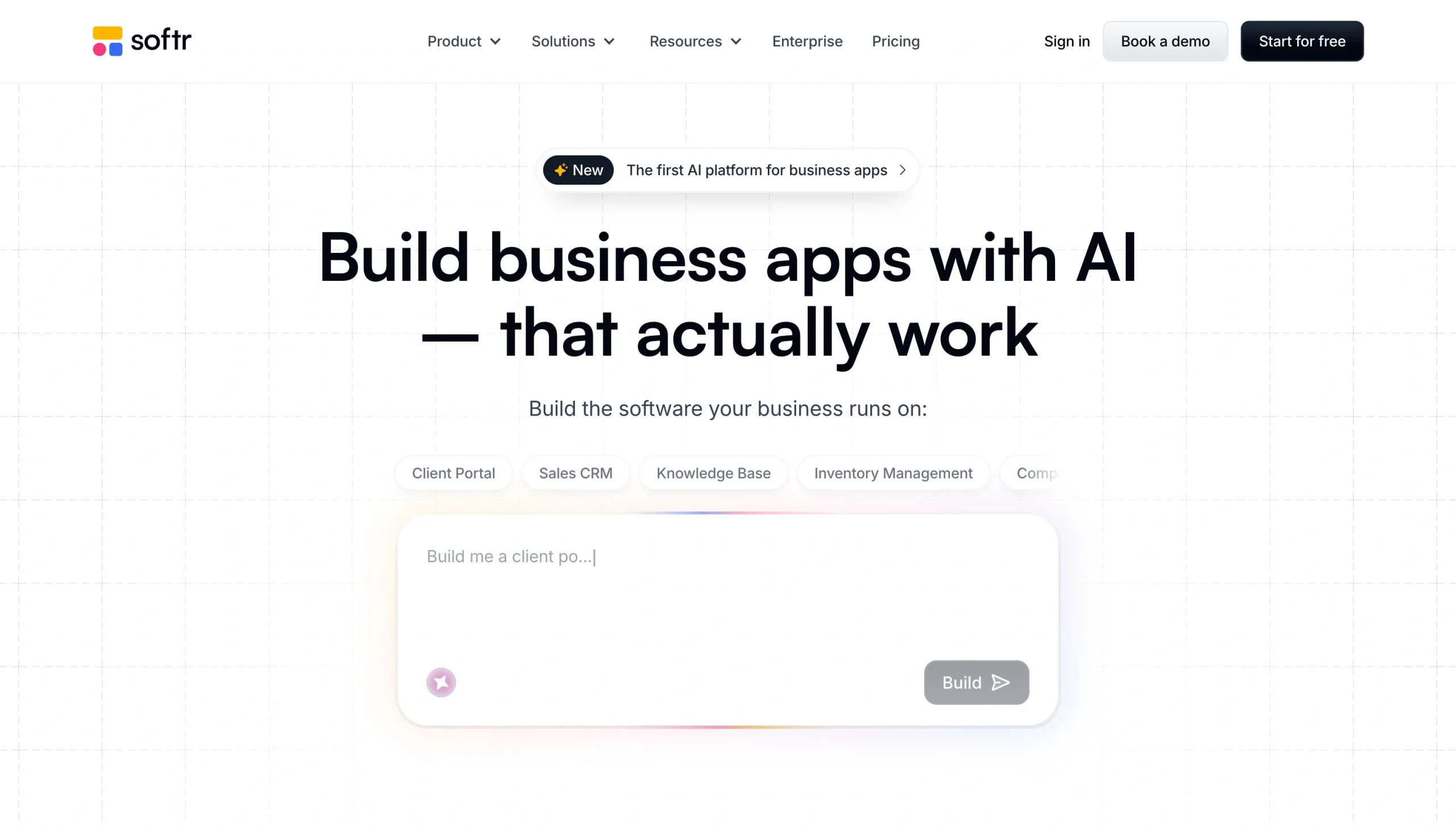 Screenshot of the Softr landing page, showing a headline "Build business apps with AI - that actually work"