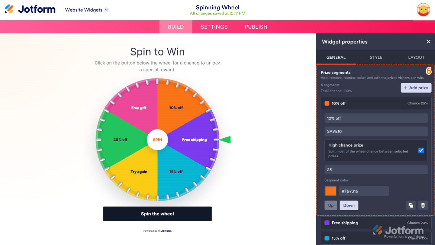 Configuring Spinning Wheel prize segments by adding prizes, editing prize names and promo codes, setting winning chances, changing colors, and managing prize order