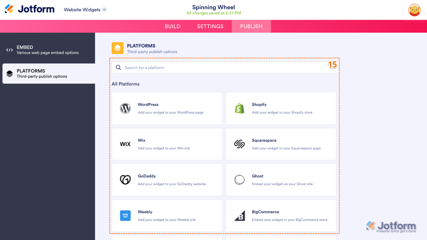 Selecting a platform in the Platforms section to view instructions for embedding the Spinning Wheel widget