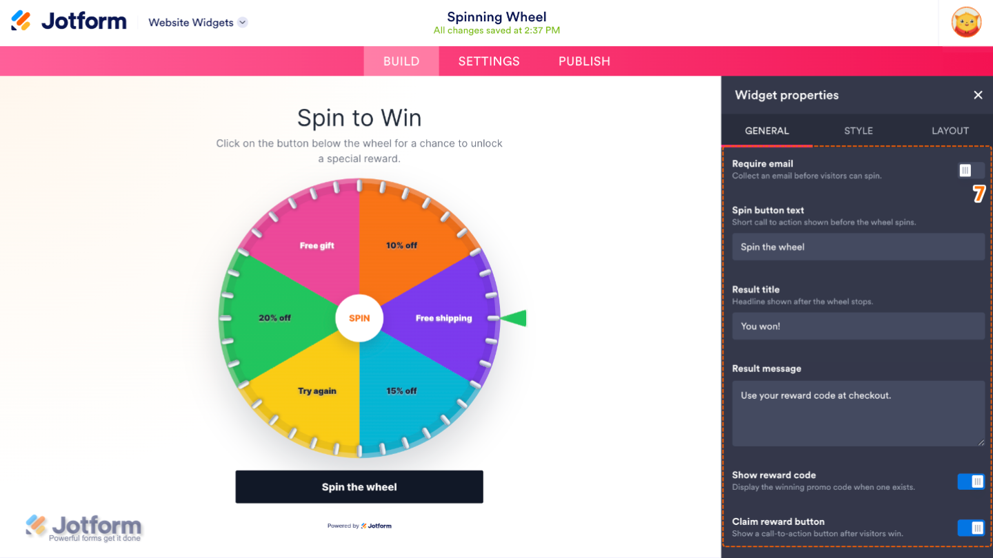 Customizing the Spinning Wheel widget by requiring an email, editing the spin button, configuring result messages, displaying reward codes, and enabling a claim reward button