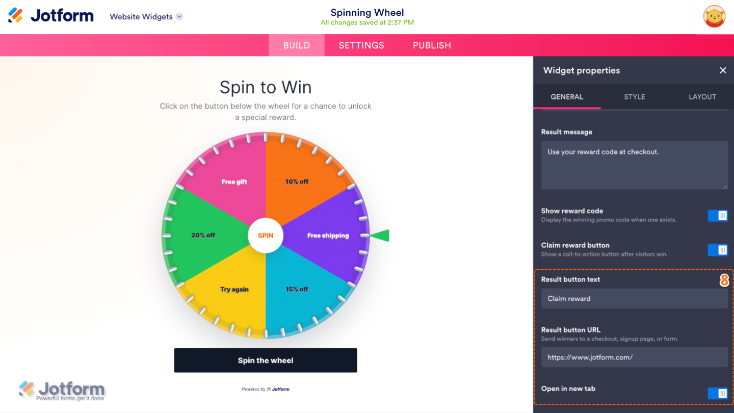 Configuring the Spinning Wheel widget by customizing the result button text, destination URL, and new tab behavior