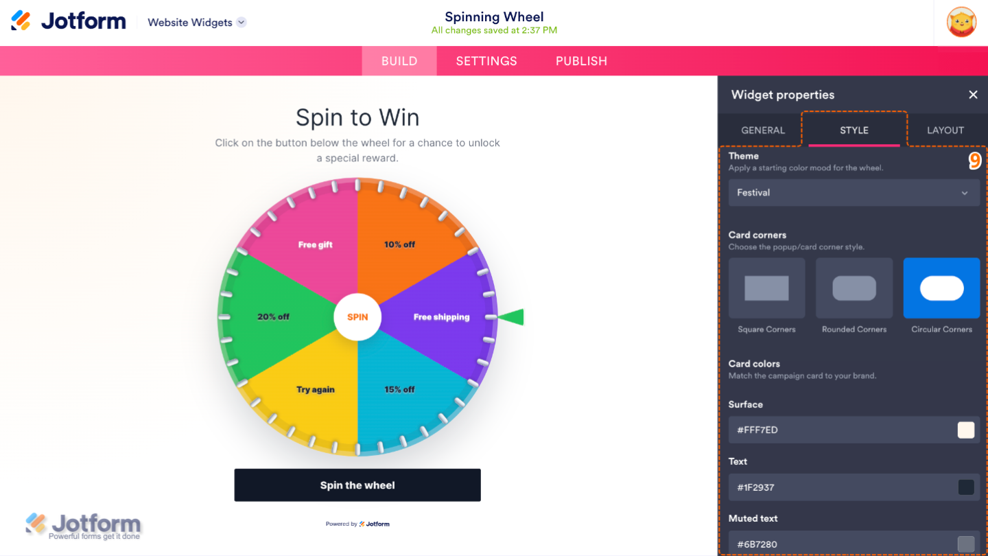 Customizing the Spinning Wheel widget by selecting a theme, adjusting card corners, and configuring surface, text, and muted text colors