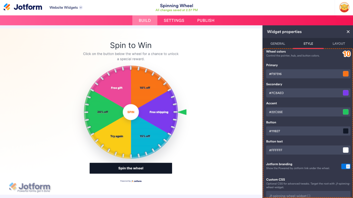 Customizing the Spinning Wheel widget by configuring primary, secondary, and accent colors, spin button colors, branding, and custom CSS
