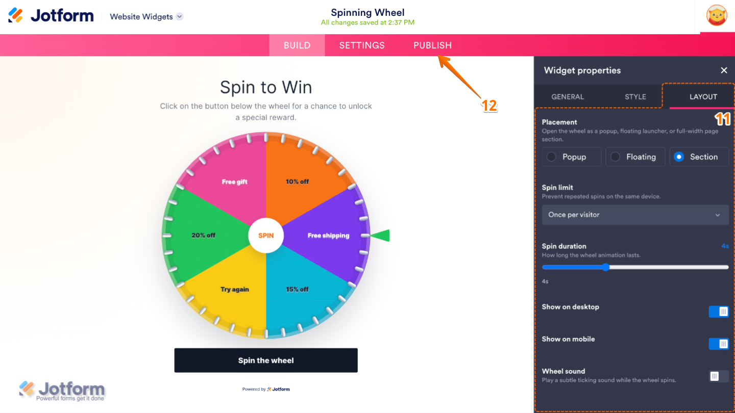 Configuring the Spinning Wheel widget layout, spin settings, sound, and desktop or mobile display options before publishing