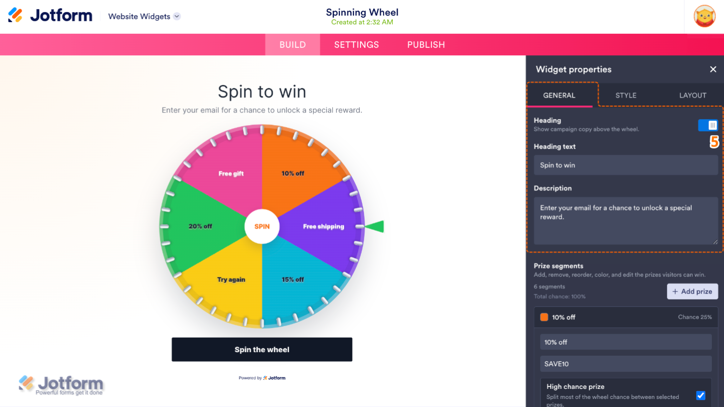 Configuring the Spinning Wheel widget by enabling the heading and customizing the title and description displayed above the wheel