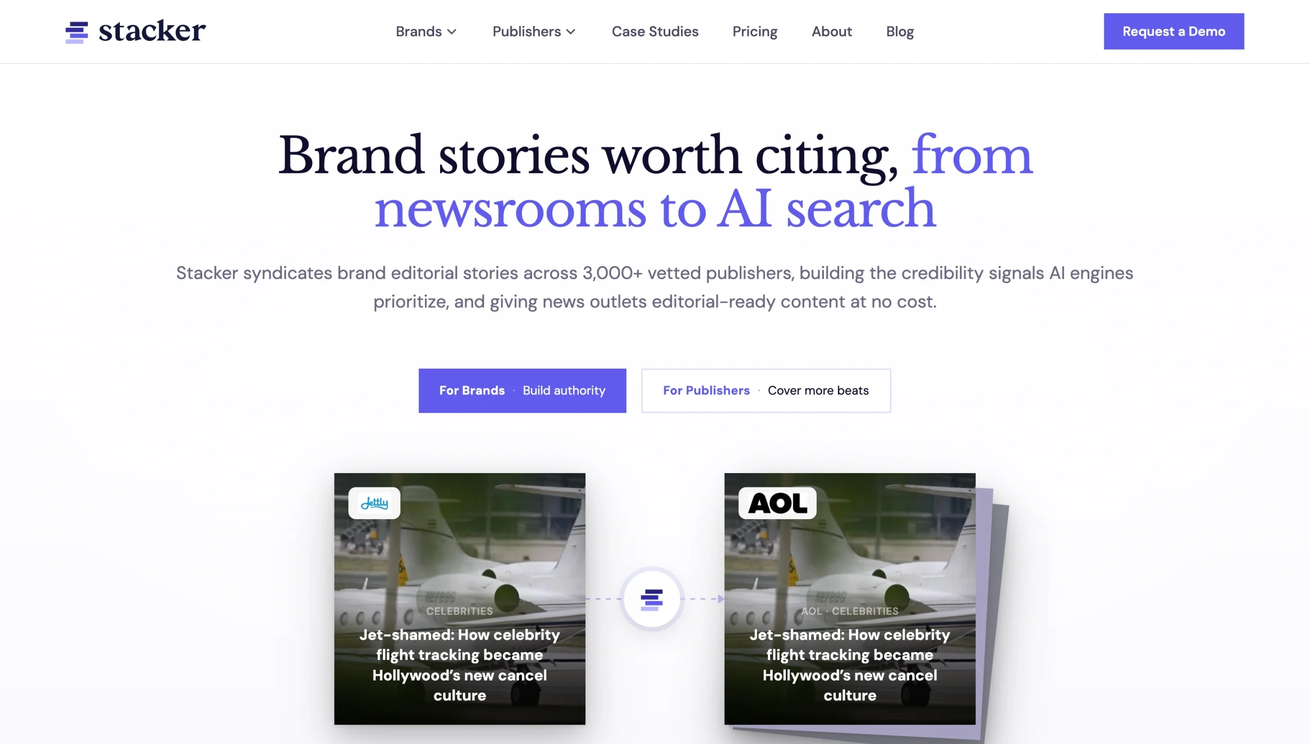 Screenshot of the Stacker landing page, showing a headline "Brand stories worth citing, from newsrooms to AI search"