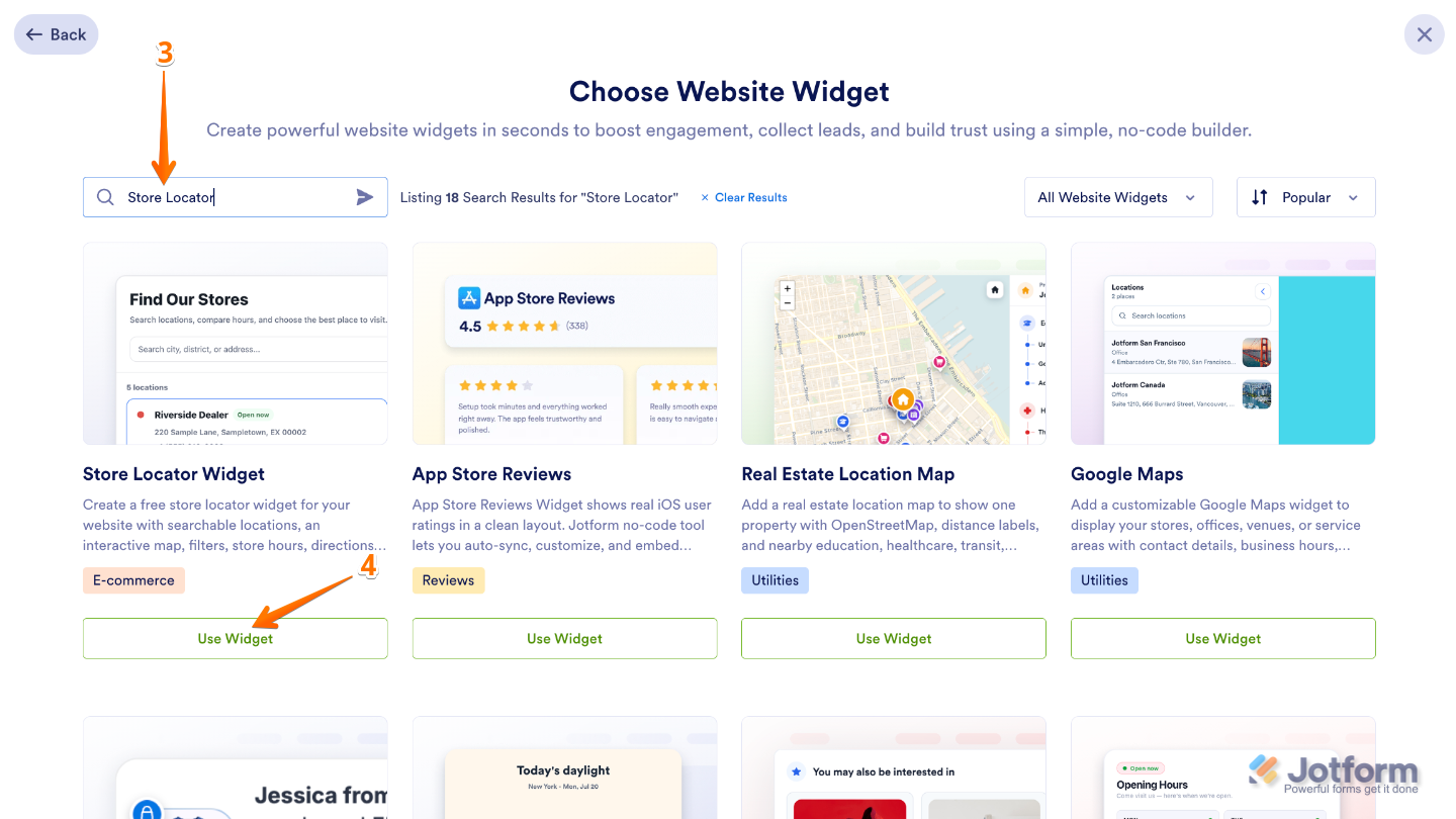Choose Website Widget page showing the Store Locator widget searched in the search bar with the Use Widget button