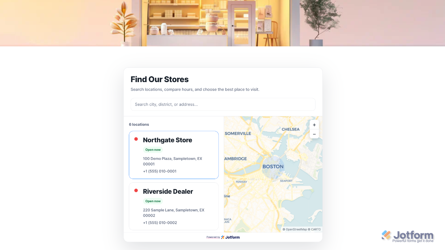 Sample website showing the Store Locator widget with the selected layout, map, and searchable list of business locations