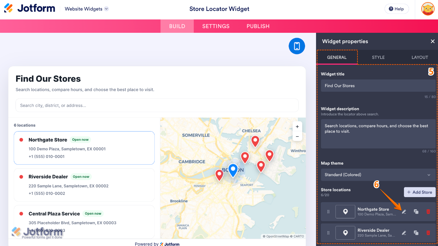 Configuring the Store Locator widget by adding a title, description, map theme, managing store locations, and selecting the Edit Store option