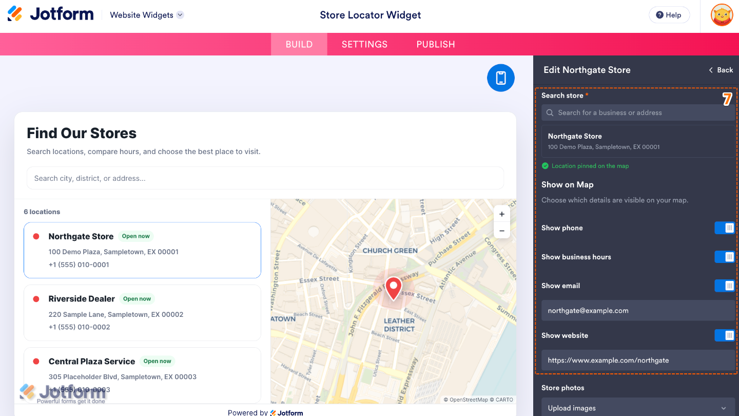 Configuring a store location by searching for a store and choosing which contact details and business information are displayed on the map