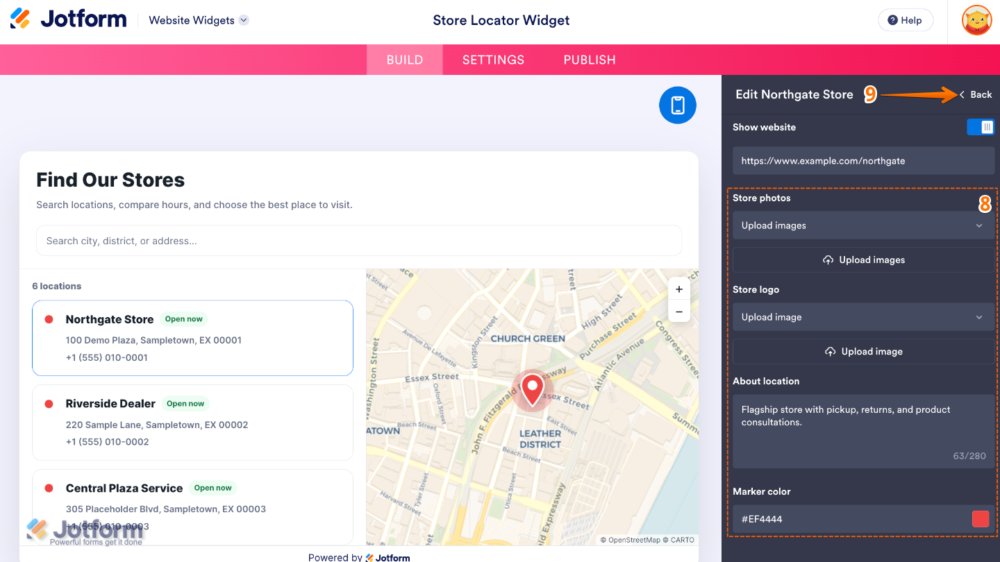 Configuring a store location by adding store photos, a logo, location details, selecting a marker color, and clicking Back