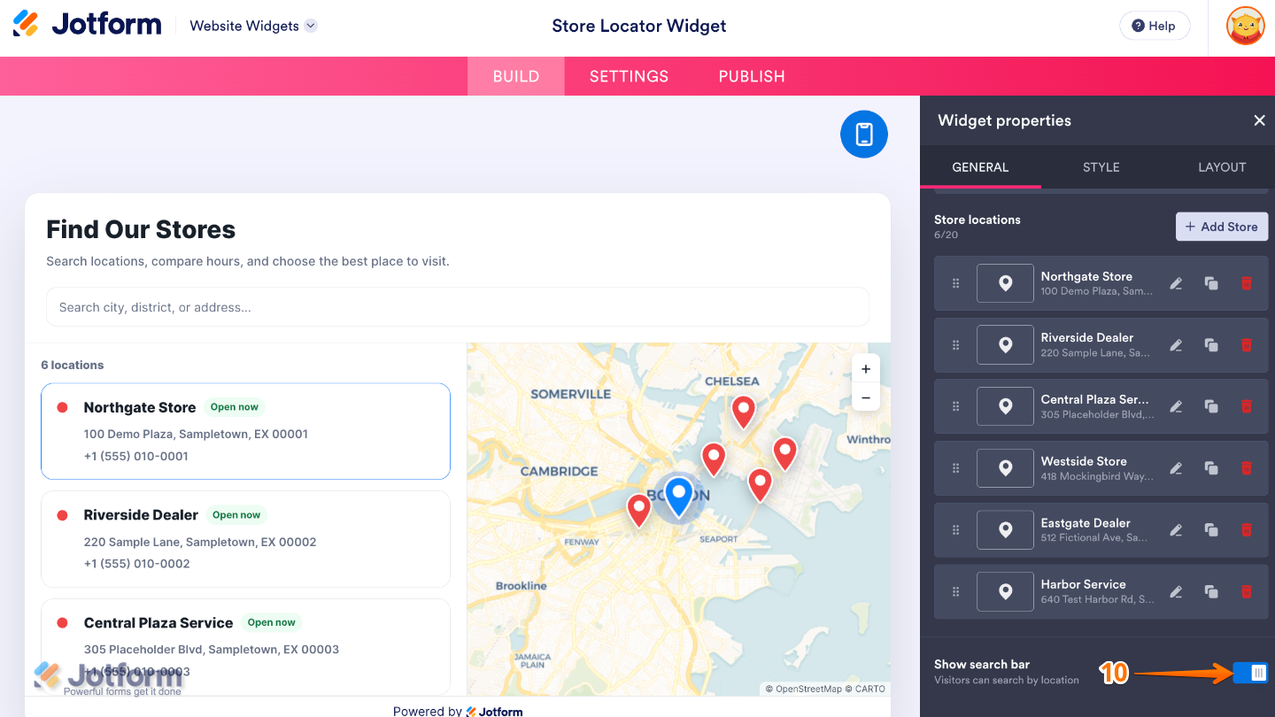 Configuring the Store Locator widget by turning the Show Search Bar option on or off to help visitors find store locations