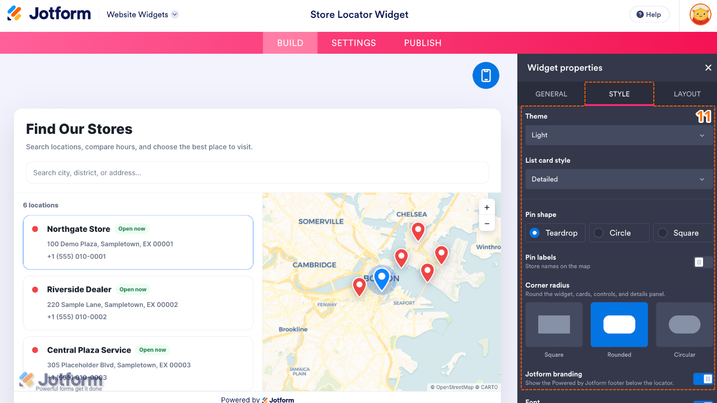 Customizing the Store Locator widget by selecting a theme, styling store cards, configuring map pins, adjusting corner radius, and managing Jotform branding