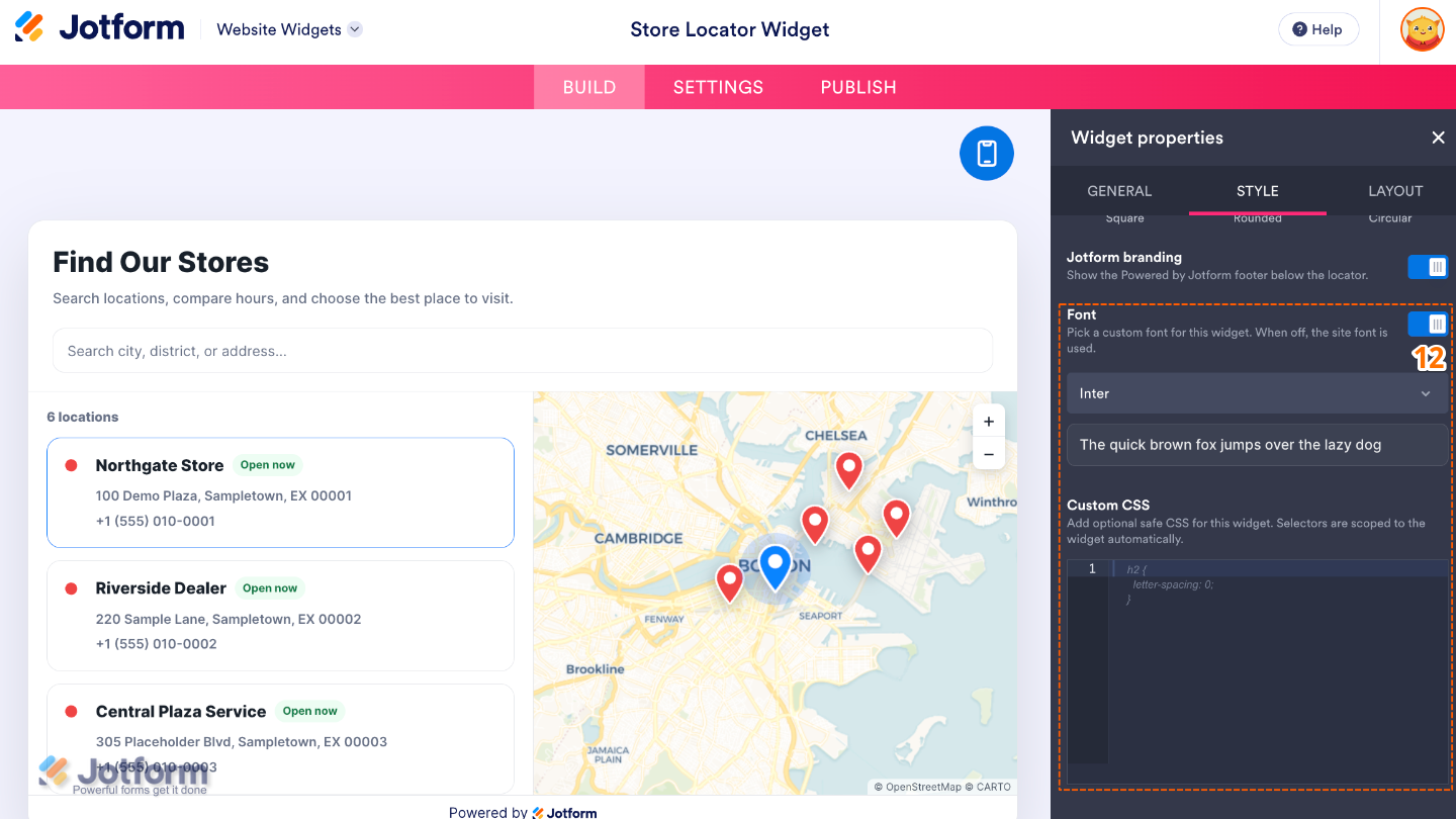 Customizing the Store Locator widget by selecting a font and applying custom CSS for advanced styling