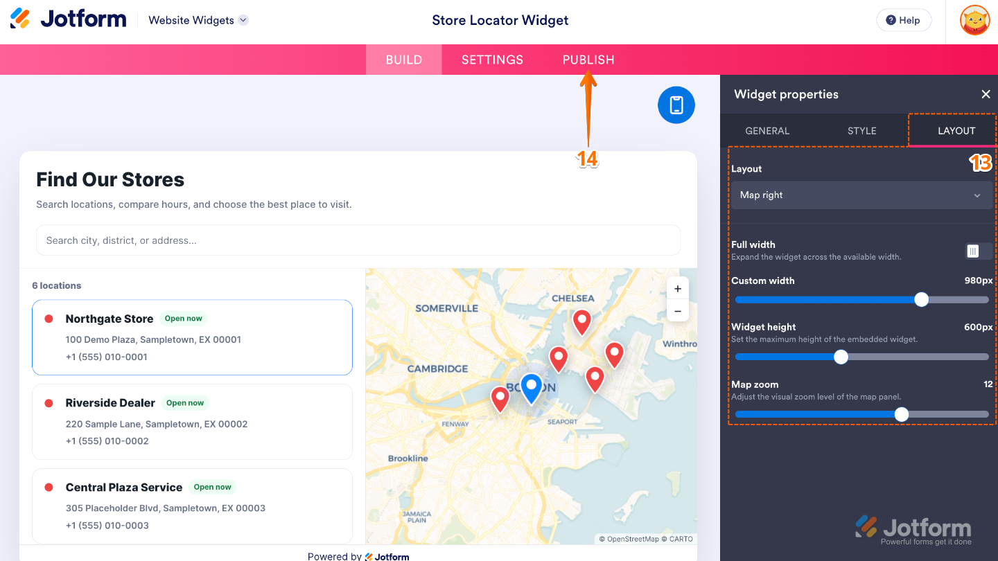 Configuring the Store Locator widget by adjusting the layout, widget size, map zoom level, and clicking Publish to save the changes