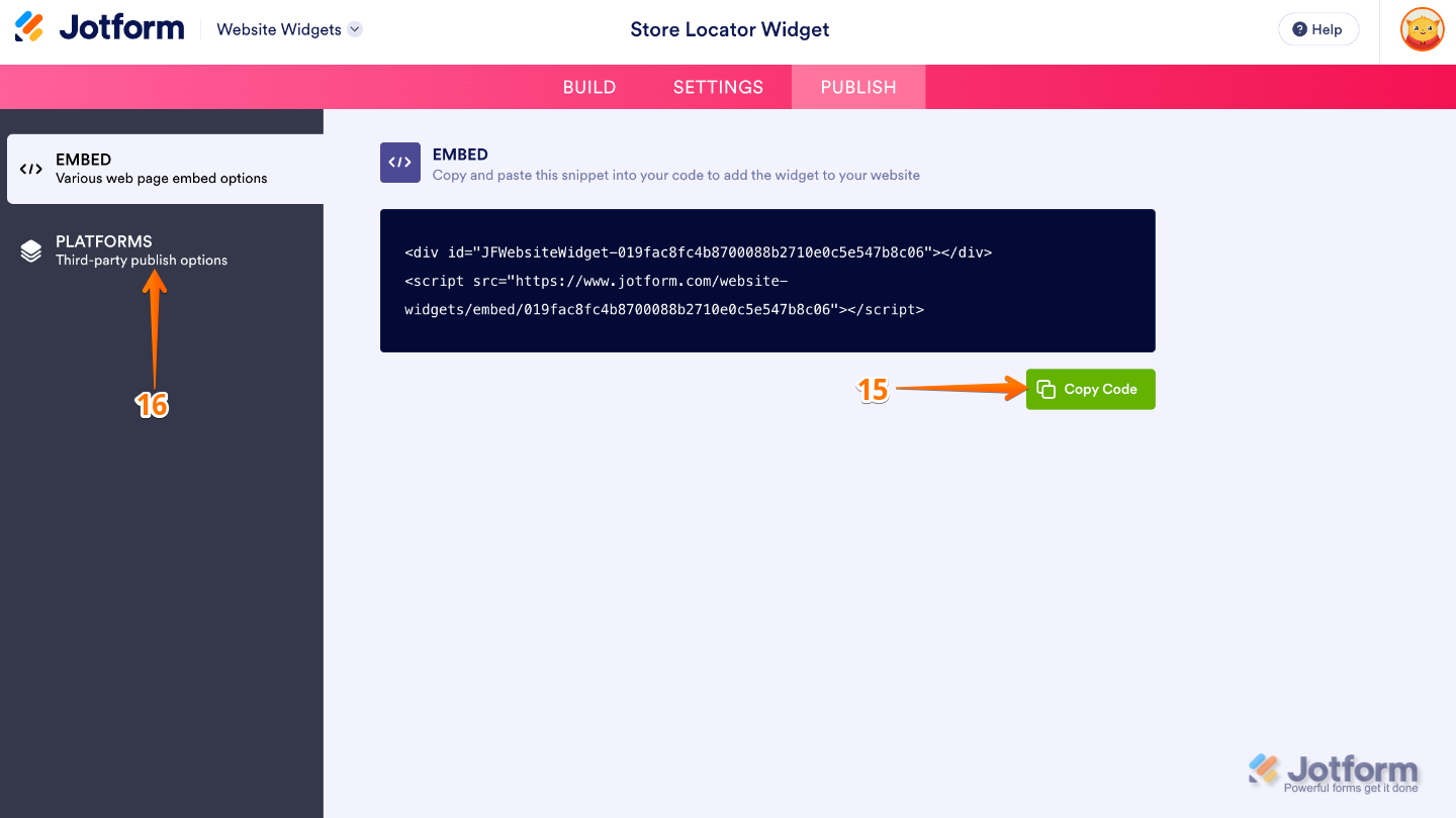 Copying the Store Locator widget embed code or selecting Platforms to view platform-specific embedding instructions