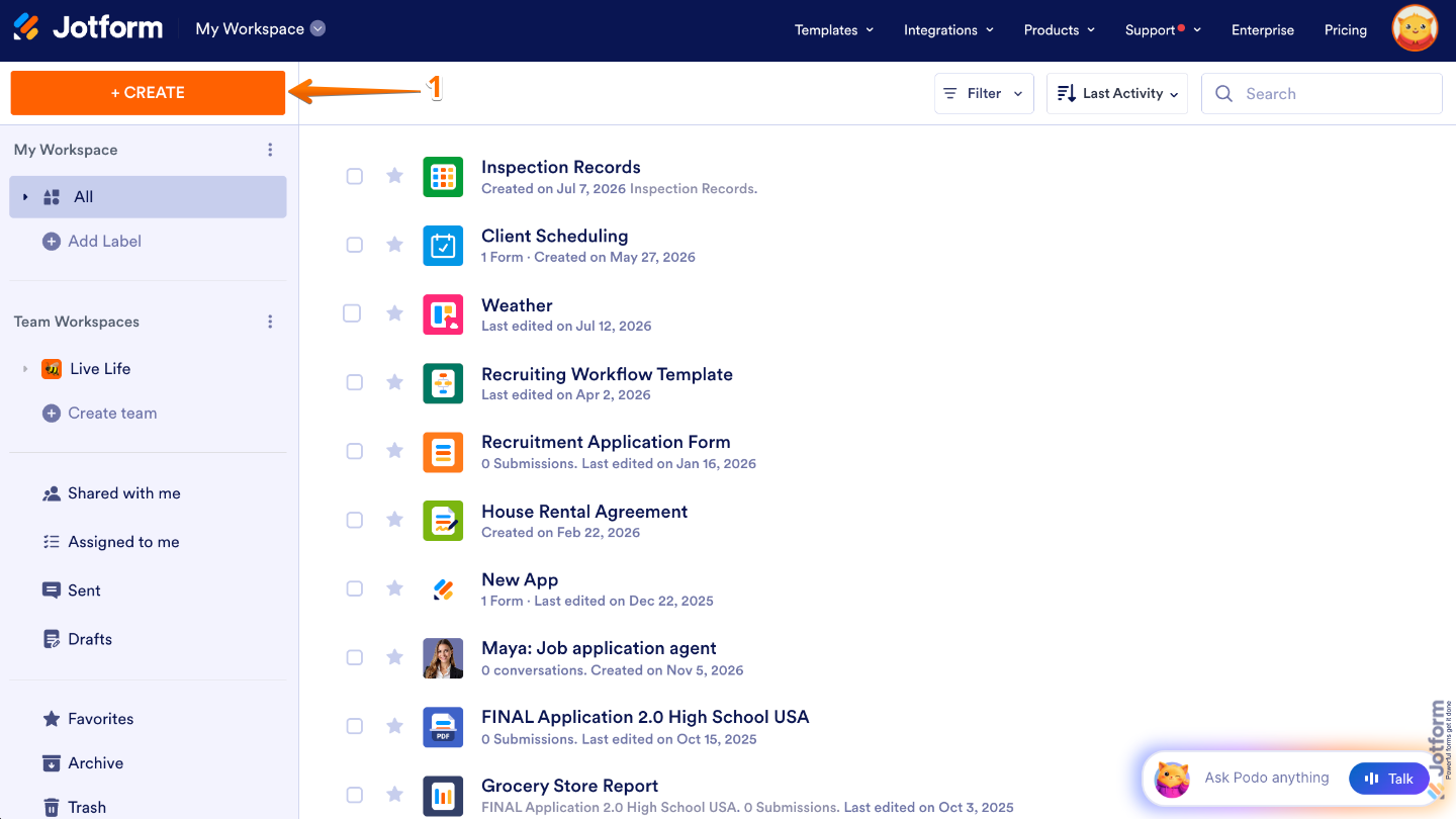 Workspace page highlighting the Create button in the top-left corner to start creating a new project