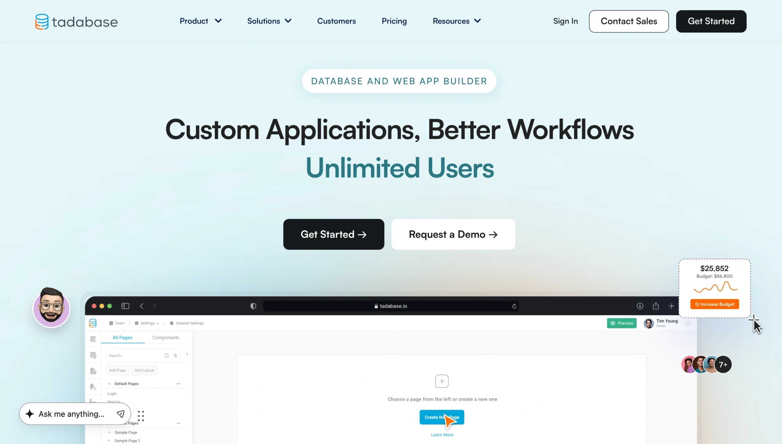 Screenshot of the Tadabase landing page, showing a headline "Custom Applications, Better Workflows, Unlimited Users