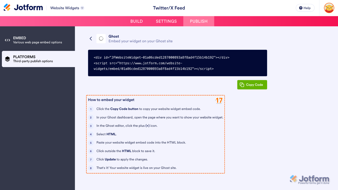 Following the How to Embed Your Widget instructions to add the widget to a website