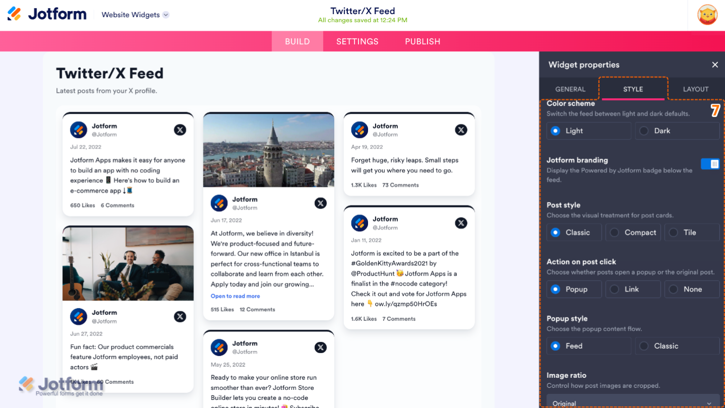 Twitter/X Feed widget Styles settings showing Color Scheme, Jotform Branding, Post Style, Post Click Action, Popup Style, and Image Ratio options