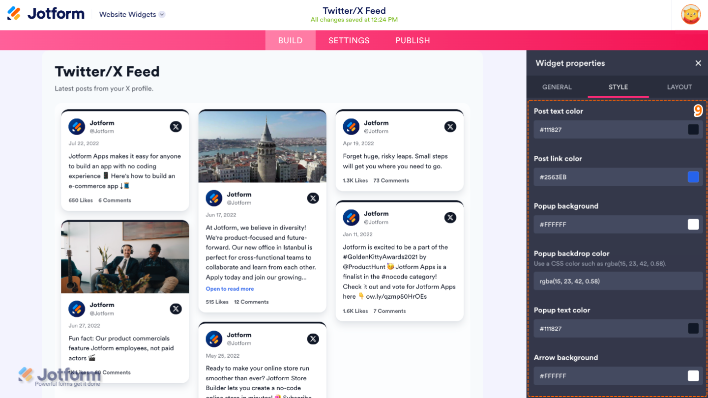 Customizing the Twitter/X Feed widget by configuring post text and link colors, popup colors, backdrop color, and navigation arrow background