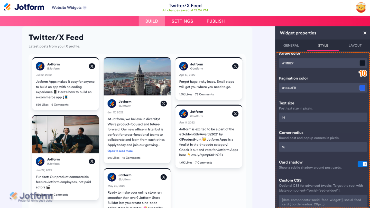 Customizing the Twitter/X Feed widget by configuring navigation colors, text size, corner radius, card shadow, and custom CSS