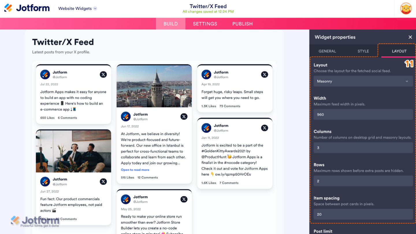 Configuring the Twitter/X Feed widget layout by adjusting the display style, width, columns, rows, and spacing between posts