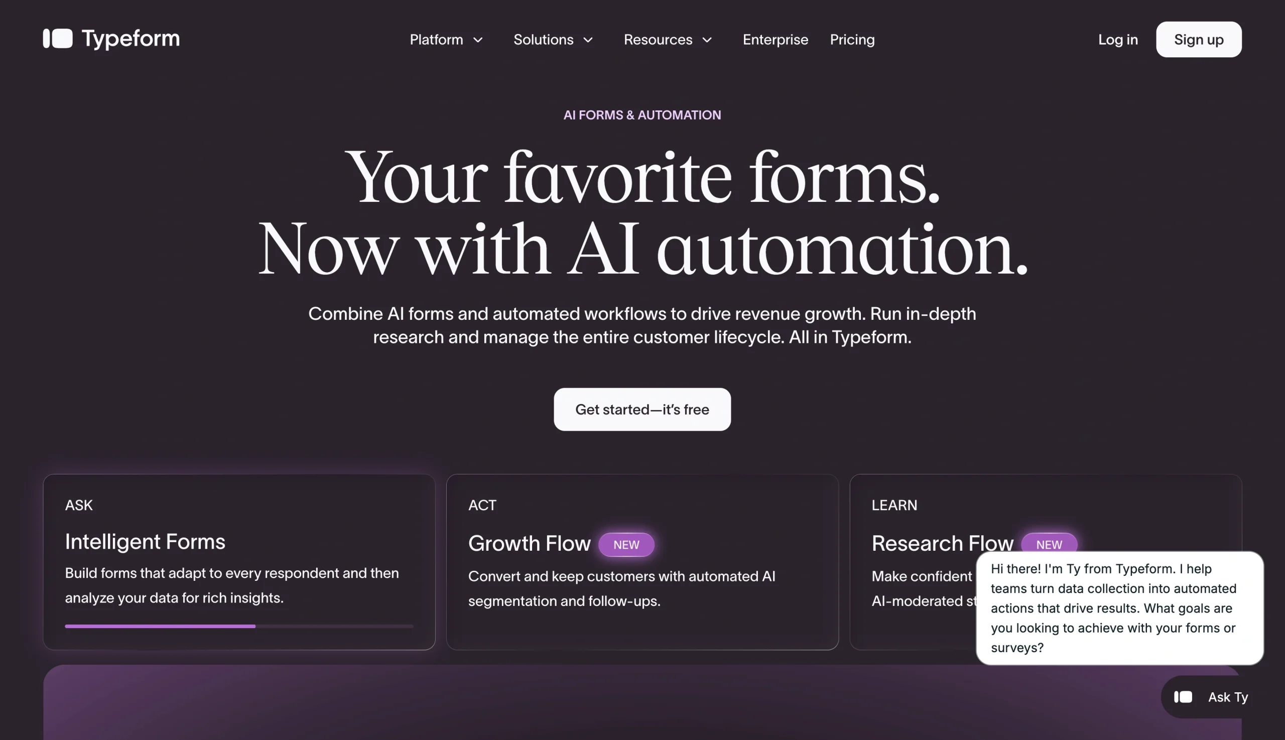 Screenshot of the Typeform landing page, showing a headline "Your favorite forms