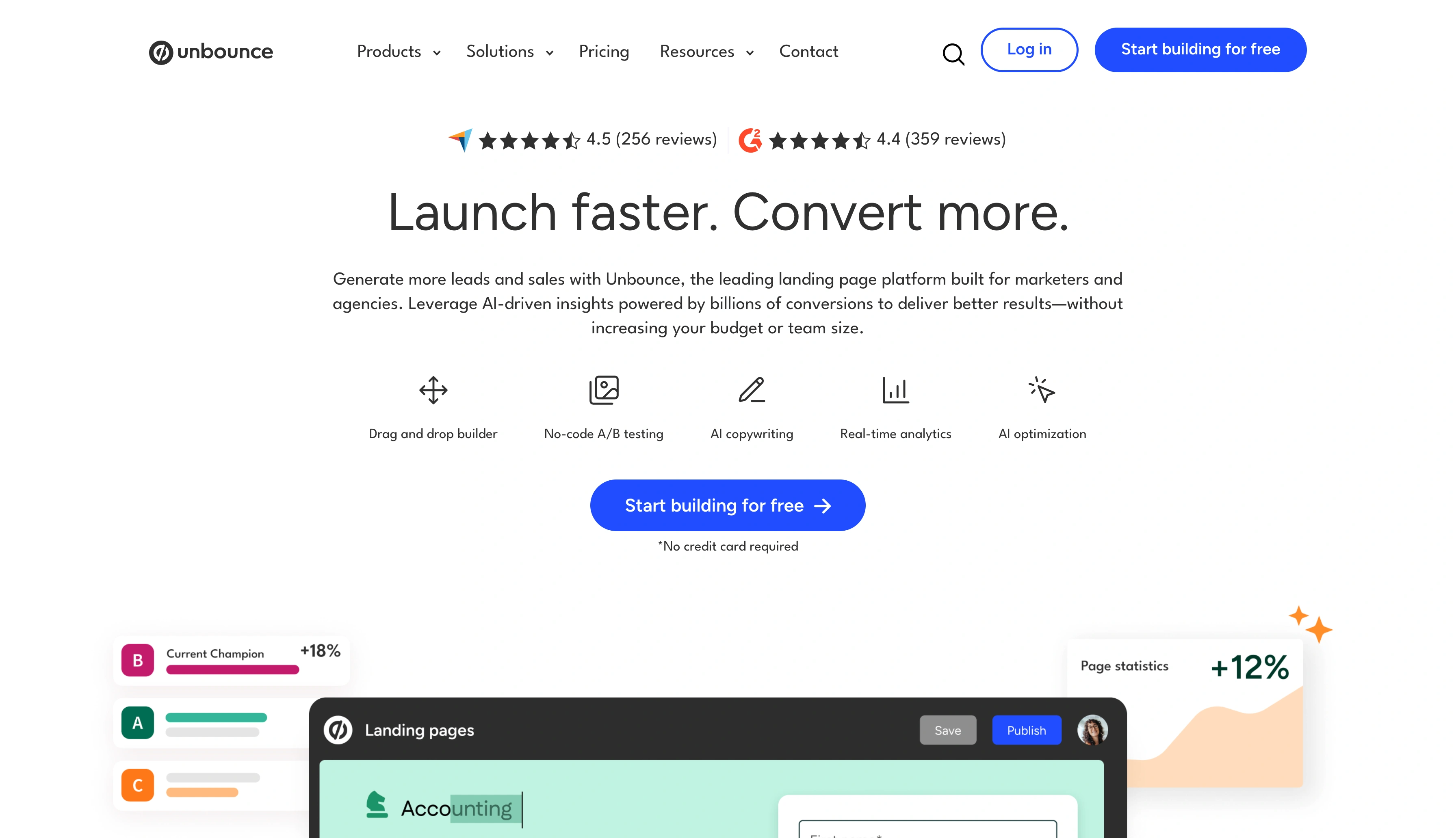 Screenshot of the Unbounce landing page, showing a headline "Launch faster
