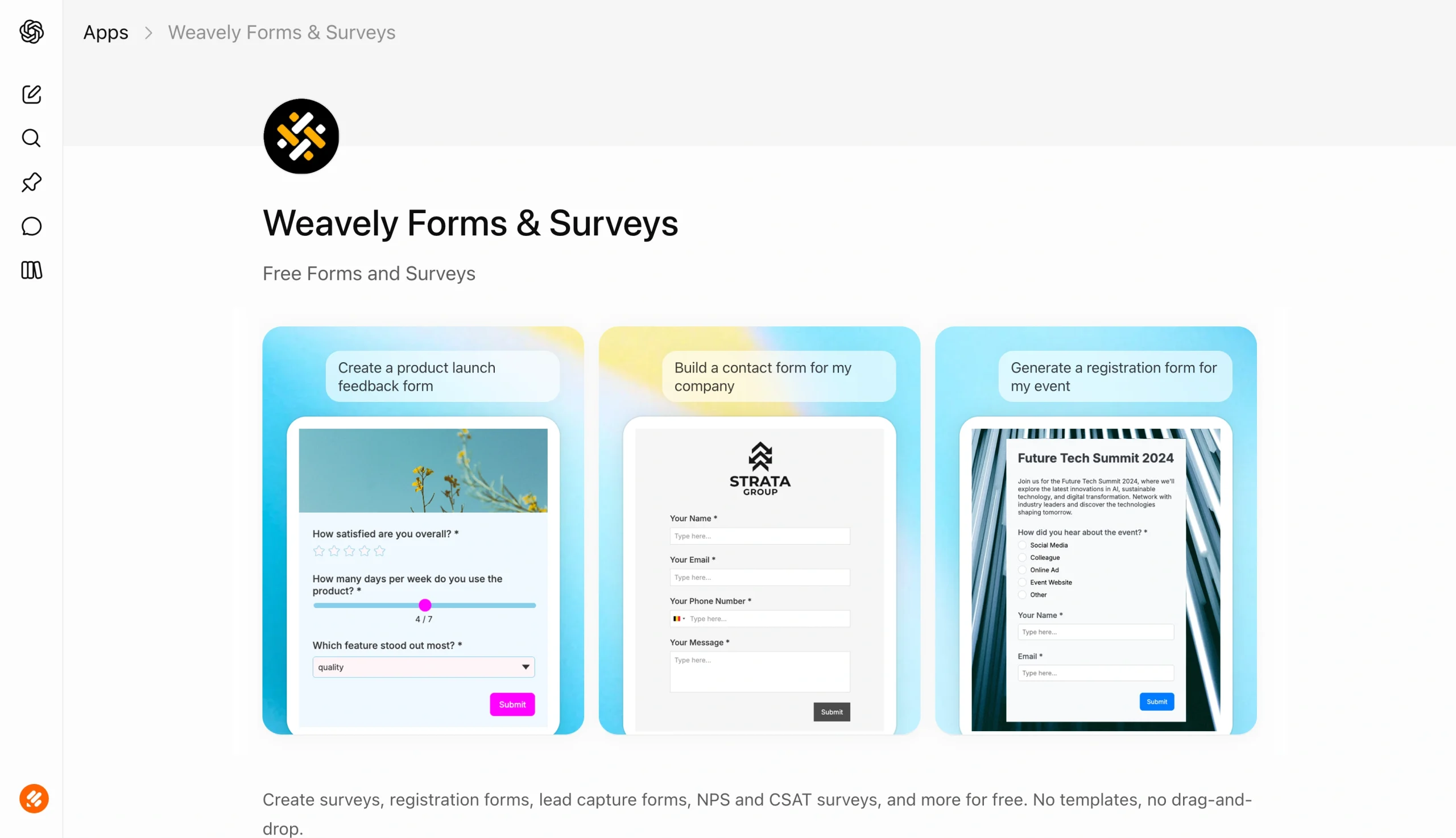 Screenshot of the OpenAI Apps page for Weavely Forms & Surveys