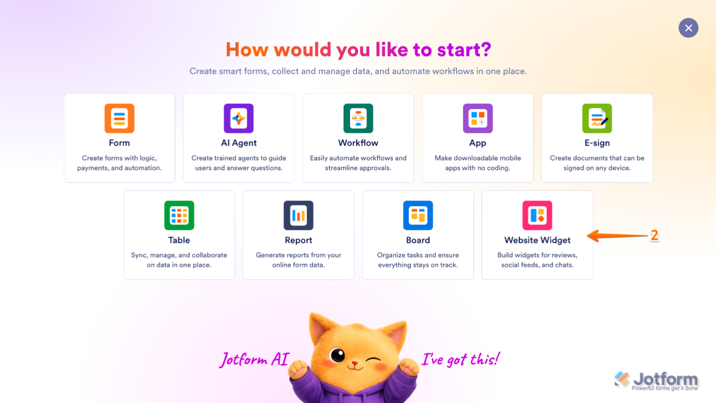 Create menu displaying the Website Widget asset ready to be selected
