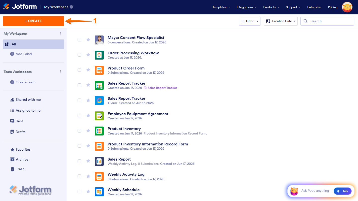 Workspace page highlighting the Create button in the top-left corner to start creating a new project