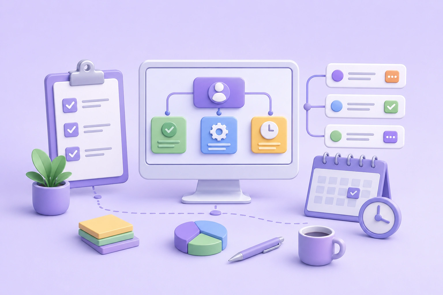 Illustration of a digital workflow dashboard surrounded by task lists, notifications, a timer, and office supplies.